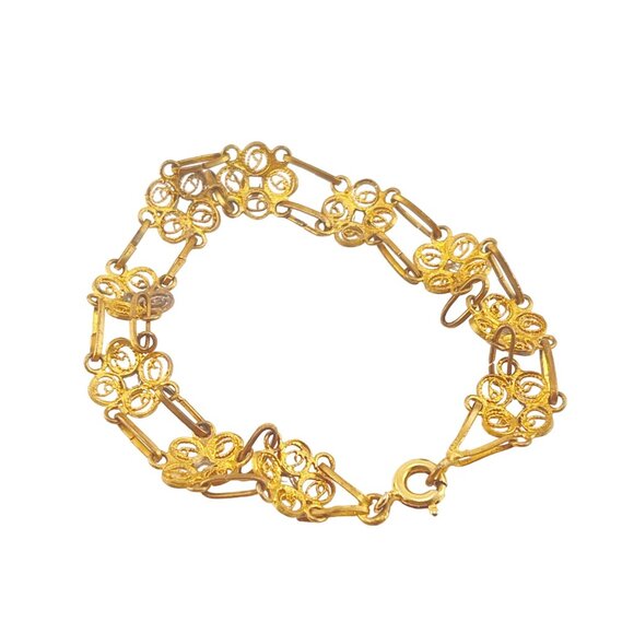 Vintage Gold-Plated Floral Bracelet With Blue Gemstone Accents - Picture 8 of 9